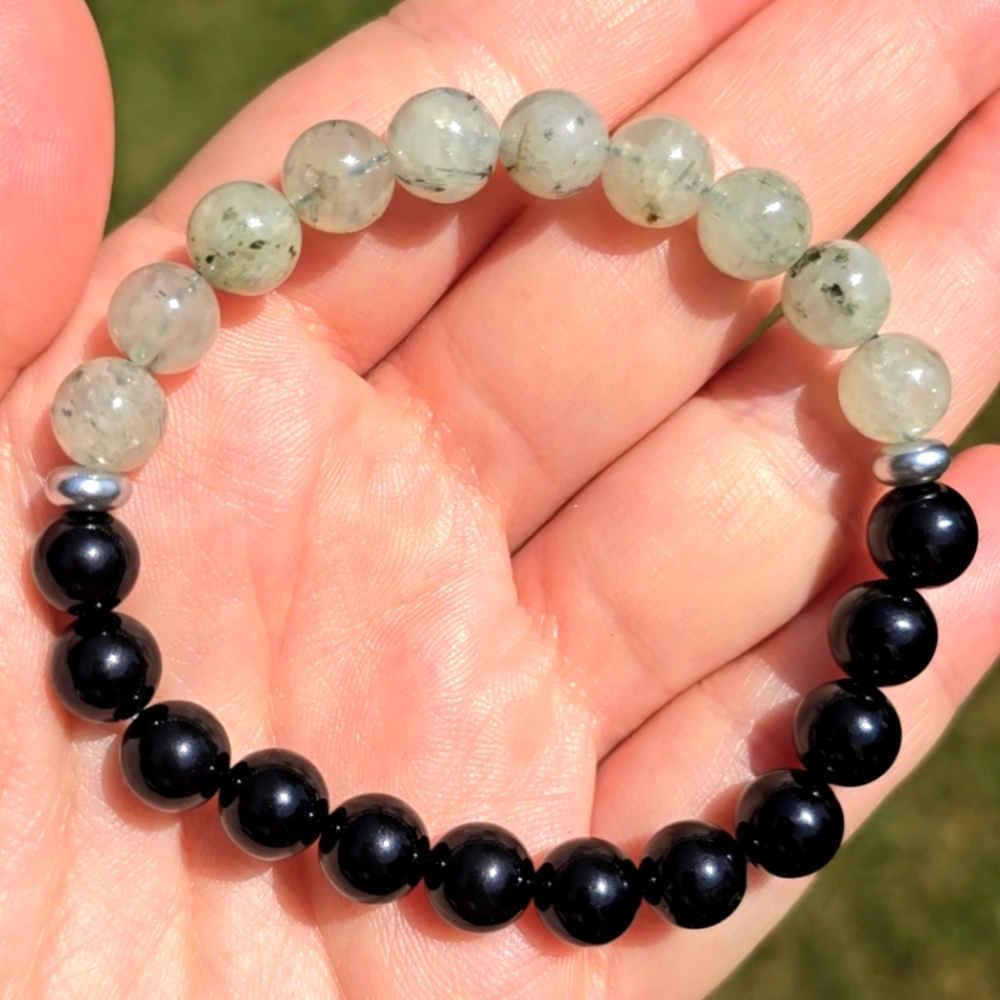 Prehnite & Black Onyx Heart Chakra Protection 8mm, Fits 6.5in Wrist